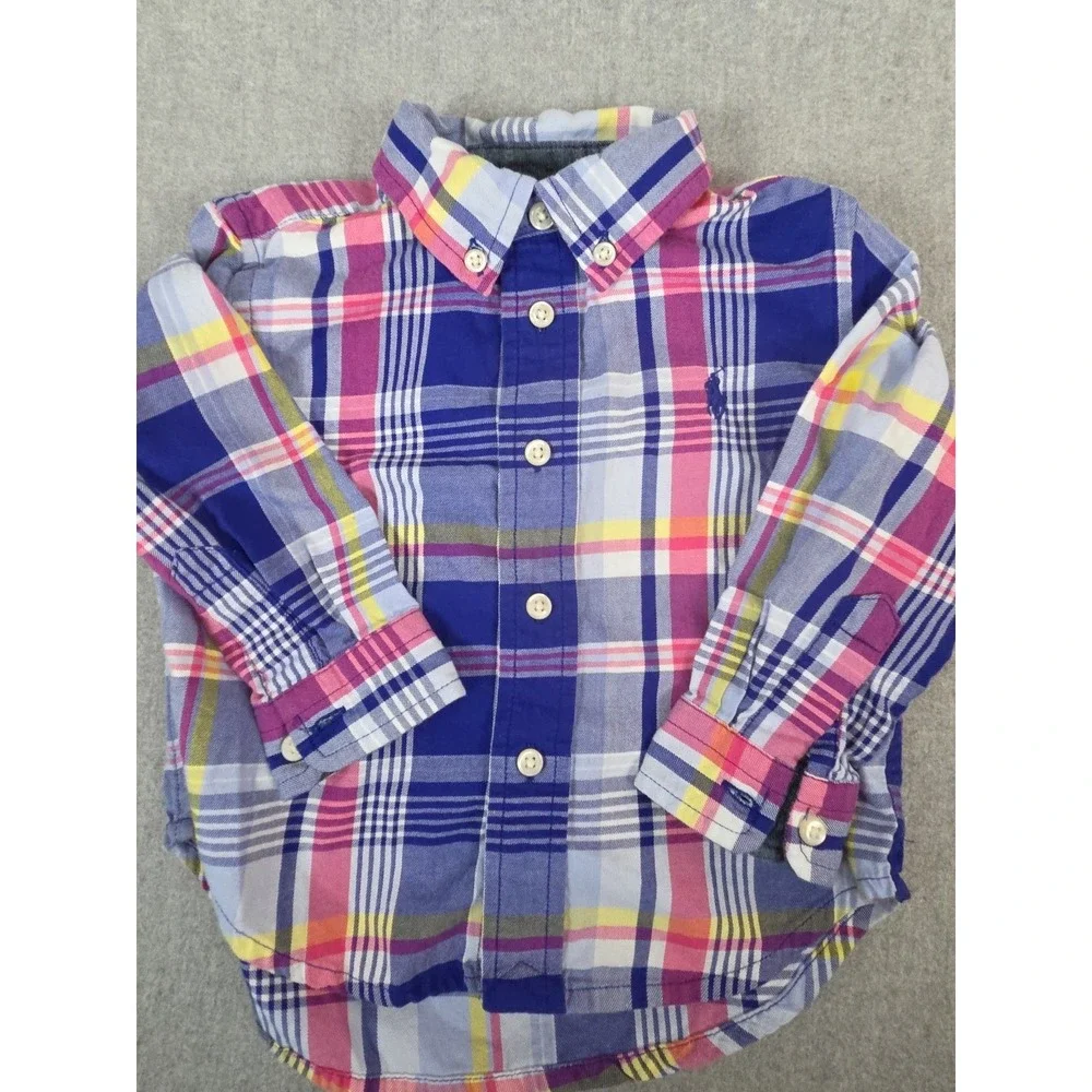 Ralph Lauren Toddler 18 Months Oxford Shirt Blue Pink‎ Plaid Preppy Pony Logo